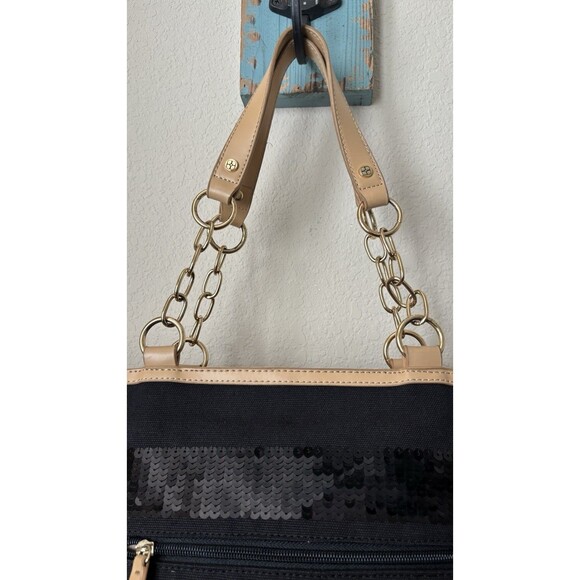 Iman Black Striped Sequined Tan Trimmed Gold Chain Shoulder Straps Tote Bag - Picture 8 of 15